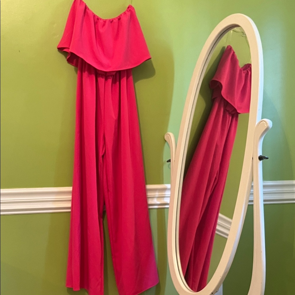 Bibi Strapless Fuchsia Ruffle Jumpsuit